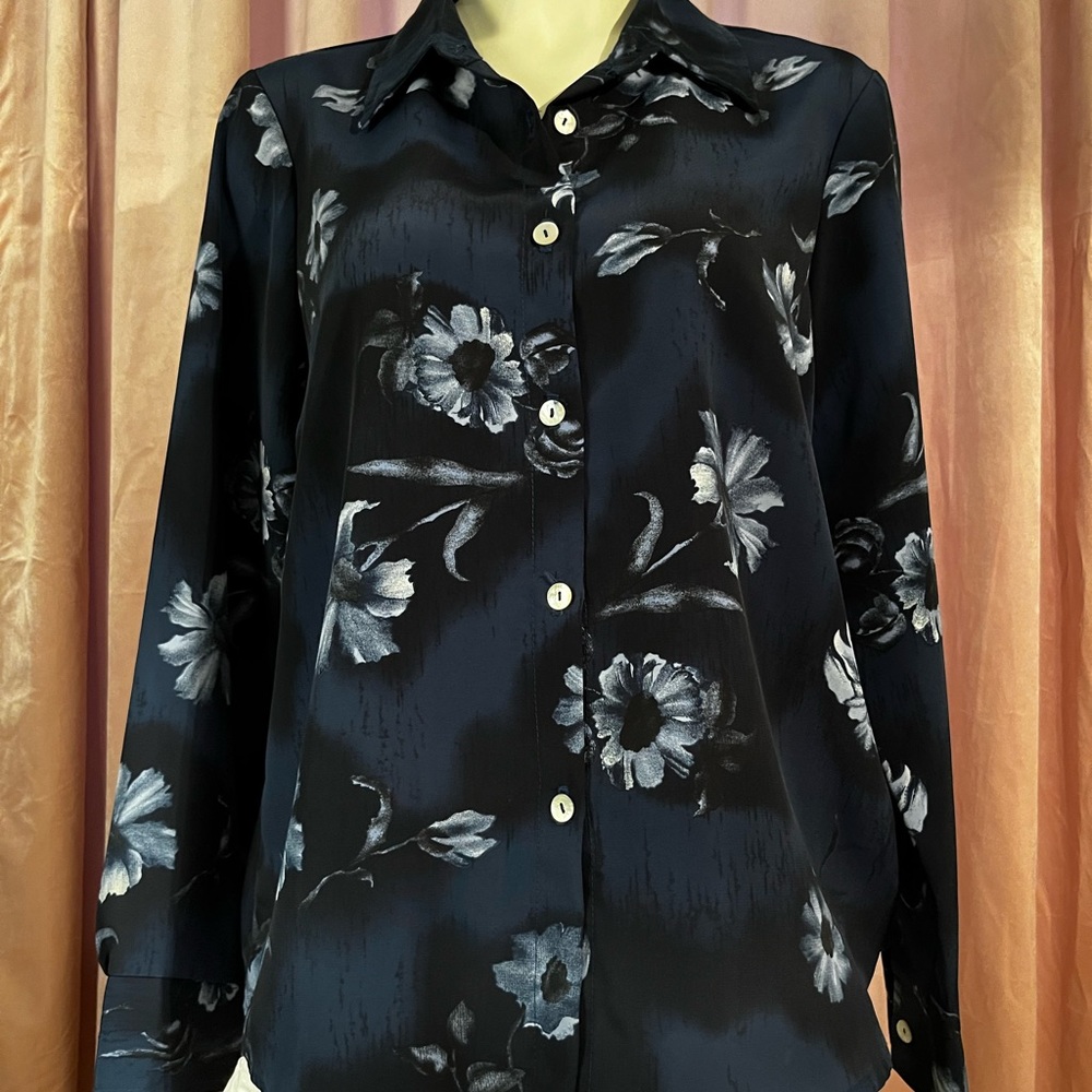 Midnight blue with gardenias, silky feel blouse with Mother of Pearl buttons